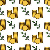 Seamless pattern of golden coins stacks and green leaves, illustrating financial growth and prosperity concept. vector