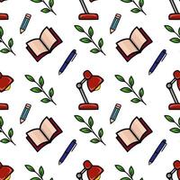 Seamless pattern featuring a whimsical arrangement of open books, red desk lamps, blue pens, pencils, and green leaves, creating a playful and educational backdrop. vector