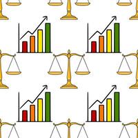 Seamless pattern featuring golden scales of justice and a vibrant bar graph illustrating upward financial growth, symbolizing balanced prosperity and legal success. vector