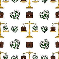 Seamless pattern featuring golden scales of justice, brown briefcases, and heart-shaped floral designs, symbolizing the balance between work and nature. vector