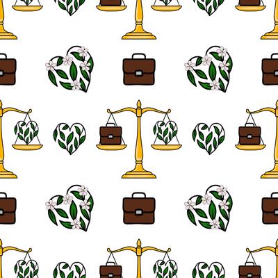 Seamless pattern featuring golden scales of justice, brown briefcases, and heart-shaped floral designs, symbolizing the balance between work and nature.