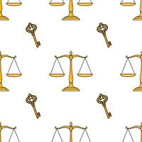 Seamless pattern featuring golden scales of justice and ornate keys, a symbolic design for legal or justice-themed projects. vector