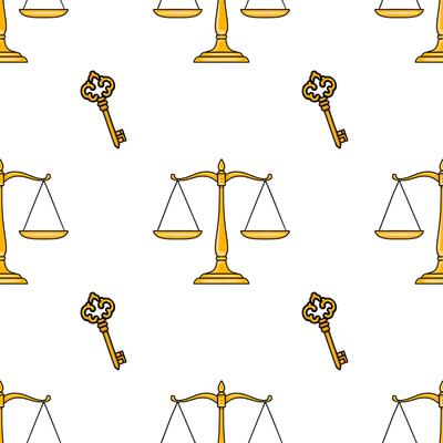 Seamless pattern featuring golden scales of justice and ornate keys, a symbolic design for legal or justice-themed projects.
