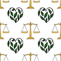 Seamless pattern featuring golden scales of justice and heart-shaped green leaf arrangements, symbolizing balance and natures harmony. vector