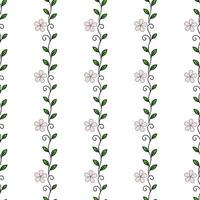 Seamless pattern of delicate pink flowers and green leaves arranged in vertical lines, creating a charming and elegant floral design. vector