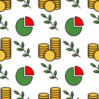 Seamless pattern of gold coins stacks, pie charts, and green leaves, illustrating financial growth and prosperity with a minimalistic design. vector