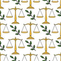 Seamless pattern of golden scales of justice and green leaves, symbolizing law, balance, and natures harmony. vector
