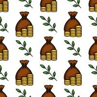 Seamless pattern of brown money bags with stacks of gold coins and green leaves, illustrating wealth growth and financial prosperity. vector