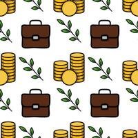 Seamless pattern of brown briefcases, stacks of gold coins, and green leaves, illustrating financial growth and prosperity. vector