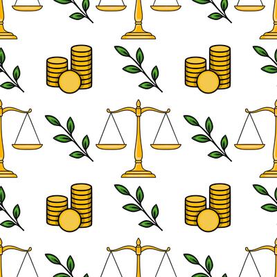 Seamless pattern featuring golden scales of justice, stacks of coins, and green leaves, symbolizing legal financial balance and growth.