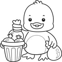 Outline of duck throw the garbage into its place. Coloring pages of Funny baby Duck animal series. vector