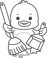 Outline of duck bring a broom and duster. Coloring pages of Funny baby Duck animal series. vector