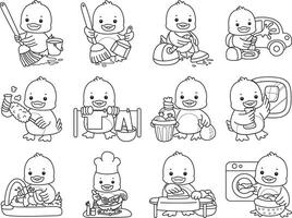 Outline of variation chores and laundry. Coloring pages of Funny baby Duck animal series. vector