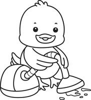 Outline of duck cleaning the floor with vacuum cleaner. Coloring pages of Funny baby Duck animal series. vector