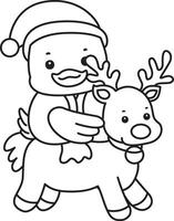 Outline of santa duck riding a reindeer. Coloring pages of Funny baby Duck animal series. vector