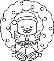 Outline of santa duck in the middle of door decoration. Coloring pages of Funny baby Duck animal series. vector