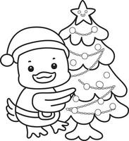 Outline of santa duck with christmas tree. Coloring pages of Funny baby Duck animal series. vector
