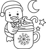 Outline of santa duck with hot chocolate. Coloring pages of Funny baby Duck animal series. vector
