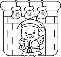 Outline of santa duck arrive in the fire place. Coloring pages of Funny baby Duck animal series. vector