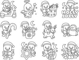 Outline of santa duck in the variation of christmas party. Coloring pages of Funny baby Duck animal series. vector