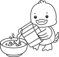 Outline of duck pouring a milk into cereal bowl. Coloring pages of Funny baby Duck animal series. vector