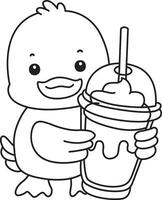 Outline of duck bring a milkshake. Coloring pages of Funny baby Duck animal series. vector