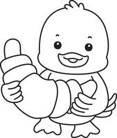 Adobe Illustrator ArtworOutline of duck brinkg a bread. Coloring pages of Funny baby Duck animal series. vector