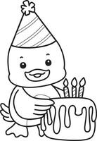 Outline of duck bring a birthday cake. Coloring pages of Funny baby Duck animal series. vector