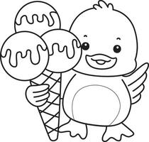Outline of duck bring a three scoop of ice cream. Coloring pages of Funny baby Duck animal series. vector