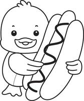 Outline of duck bring a hot dog. Coloring pages of Funny baby Duck animal series. vector