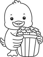 Outline of duck bring a popcorn. Coloring pages of Funny baby Duck animal series. vector