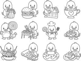 Outline of duck with variation of junk food and dessert. Coloring pages of Funny baby Duck animal series. vector