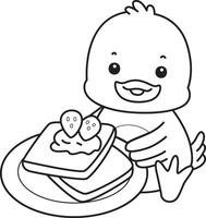 Outline of duck bring a strawberry bread. Coloring pages of Funny baby Duck animal series. vector