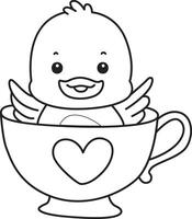 Outline of duck is stuck in the cup of tea. Coloring pages of Funny baby Duck animal series. vector