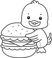 Outline of duck with burger. Coloring pages of Funny baby Duck animal series. vector