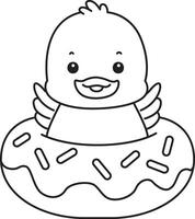 Outline of duck is stuck in the doughnut. Coloring pages of Funny baby Duck animal series. vector