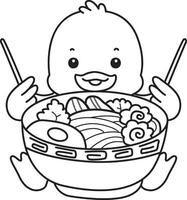 Outline of duck want to eating ramen. Coloring pages of Funny baby Duck animal series. vector