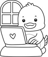 Outline of duck typing in the notepad. Coloring pages of Funny baby Duck animal series. vector