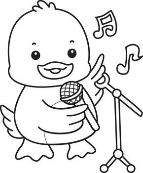 Outline of duck sing a song with microphone. Coloring pages of Funny baby Duck animal series. vector