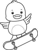 Outline of duck playing a skateboard. Coloring pages of Funny baby Duck animal series. vector