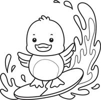 Outline of duck playing a surfing. Coloring pages of Funny baby Duck animal series. vector