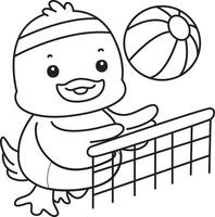 Outline of duck playing a volleyball. Coloring pages of Funny baby Duck animal series. vector