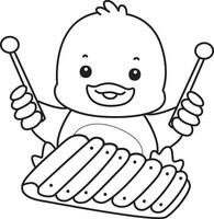 Outline of duck playing a xylophone. Coloring pages of Funny baby Duck animal series. vector