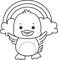 Outline of duck in front of the rainbow. Coloring pages of Funny baby Duck animal series. vector