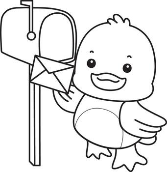 Outline of duck sending a message by mail box. Coloring pages of Funny baby Duck animal series. vector