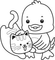 Outline of duck playing with kitty. Coloring pages of Funny baby Duck animal series. vector