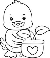 Outline of duck bring a leaves in the pot. Coloring pages of Funny baby Duck animal series. vector