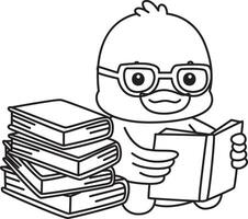 Outline of duck reading a book. Coloring pages of Funny baby Duck animal series. vector