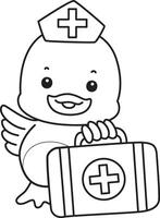 Outline of duck with first aid kit. Coloring pages of Funny baby Duck animal series. vector
