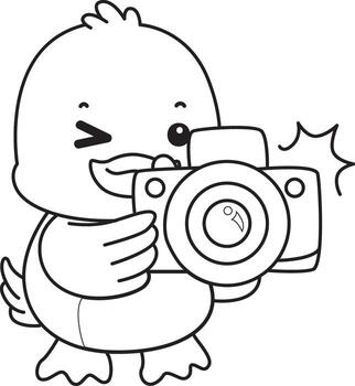 Outline of duck click the camera. Coloring pages of Funny baby Duck animal series. vector